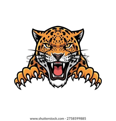 Dynamic vector illustration of a roaring jaguar head with claws extended. Sharp lines and bold colors convey power and ferocity. Ideal for sports teams, gaming brands, or promotional materials seeking an edgy, high-impact visual.