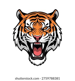 Ilustración vectorial dinámica de una cabeza de tigre rugiente, con líneas audaces y una paleta de colores llamativos. Evoca poder e intensidad. Ideal para Equipos deportivos, marcas de juegos o campañas de marketing agresivas.