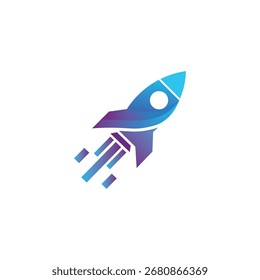 Una Ilustración vectorial dinámica de un cohete lanzándose al espacio, aislado sobre un fondo blanco, simbolizando la innovación, la exploración y la búsqueda de sueños.