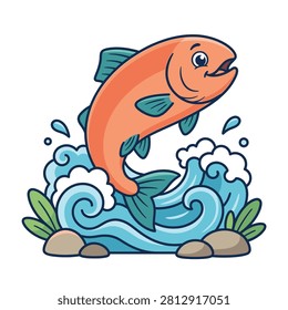 Dynamic vector illustration of a salmon jumping upstream in a river.