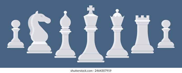 A dynamic vector illustration showcasing a set of white chess pieces in a captivating perspective view