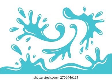 Una Ilustración vectorial dinámica que muestra salpicaduras de agua en diferentes Formas y tamaños renderizados en tonos azul claro La Imagen se establece sobre un fondo blanco limpio.