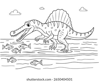 A dynamic vector illustration showing a Spinosaurus hunting fish in water, with its iconic sail. Perfect for coloring books and children's designs. Clean outline style with clouds in the background.