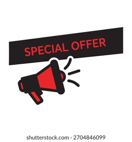 Dynamic vector illustration shows a megaphone icon announcing a 'SPECIAL OFFER' banner. Perfect for sales and discounts.