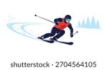 Dynamic vector illustration of a skier in full gear carving down a snowy mountain slope with speed and skill during winter.