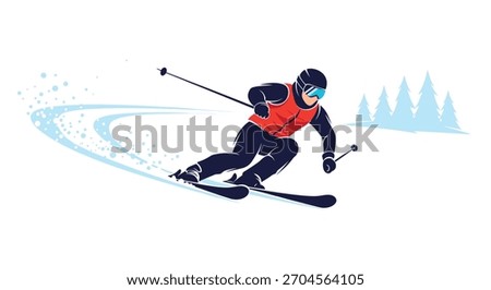 Dynamic vector illustration of a skier in full gear carving down a snowy mountain slope with speed and skill during winter.