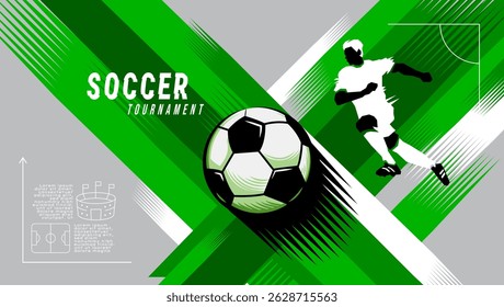 Dynamic vector illustration of a soccer player kicking a ball during a tournament. Modern flat-style design with green speed lines and abstract background