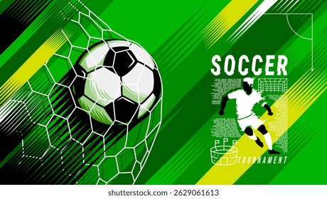 Ilustração vetorial dinâmica de um jogador de futebol chutando uma bola durante um torneio. Design moderno em estilo plano com linhas de velocidade verdes e plano de fundo abstrato