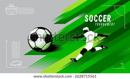 Dynamic vector illustration of a soccer player kicking a ball during a tournament. Modern flat-style design with green speed lines and abstract background