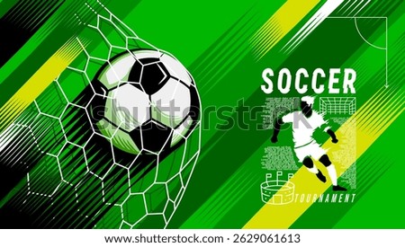 Dynamic vector illustration of a soccer player kicking a ball during a tournament. Modern flat-style design with green speed lines and abstract background