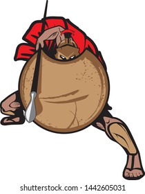 A dynamic vector illustration of a Spartan warrior in a combat stance, holding a spear and a large bronze-colored shield. The warrior wears a iconic red cape and a crested Corinthian helmet. Designed in a bold, comic-book mascot style with thick outlines, perfect for sports logos, gaming avatars, or fitness-related branding.