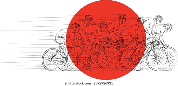 Dynamic vector illustration of a speeding group of cyclists passing through a red sun circle, symbolizing the Japanese flag. Clean line art, racing motion, and minimalist sports composition.