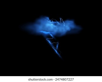 Dynamic vector illustration of a storm cloud with blue lightning bolts. The image captures the intense energy and dramatic contrast between the dark cloud and the vivid electric blue of the lightning