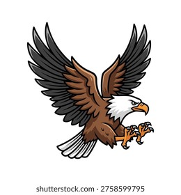 Dynamic vector illustration of a stylized eagle in mid-flight, wings spread, talons extended. Bold lines and a clear color palette evoke power and precision. Ideal for corporate branding, sports logos, or motivational content.