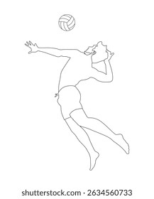 A dynamic vector illustration of a tanned male beach volleyball player in mid-air, powerfully spiking a colorful volleyball