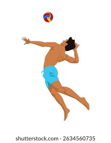 A dynamic vector illustration of a tanned male beach volleyball player in mid-air, powerfully spiking a colorful volleyball