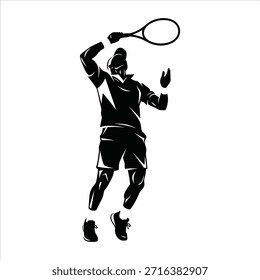 Ilustración vectorial dinámica de un jugador de tenis que sirve la pelota. Atleta en pose de acción en el aire. Deporte de Profesional, entrenamiento y concepto de competencia. Estilo de vida saludable.