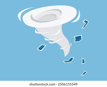 Ilustración vectorial dinámica de un tornado que se arremolina con escombros sobre un fondo azul claro. El esquema de color blanco y azul agrega una sensación de movimiento y energía, enfatizando el poder de la naturaleza.