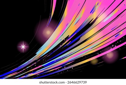 Dynamic vector illustration in trending vaporwave style: sweeping neon streaks of pink, yellow, blue, and purple on black background, with glowing stars. Abstract retro-futuristic style.