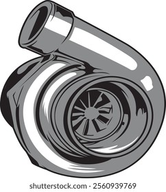 Dynamic vector illustration of a turbocharger, showcasing its sleek design and essential role in boosting engine performance, perfect for automotive enthusiasts