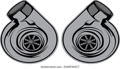 Dynamic vector illustration of turbochargers, showcasing their intricate design and performance-enhancing capabilities, perfect for automotive enthusiasts