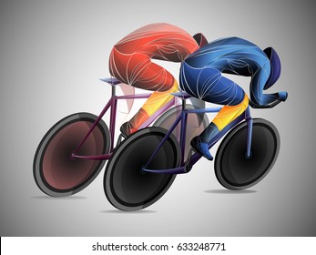 Dynamic vector illustration of two professional cyclists racing side by side in aerodynamic positions on track bikes with solid disc wheels. Stylized and energetic sports concept.