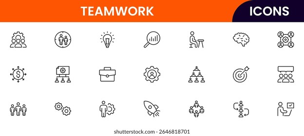 Uma coleção dinâmica de ícones de ilustração de vetor para trabalho em equipe, apresentando designs modernos e minimalistas, ideais para interface de usuário colaborativa, UX, sites e aplicativos, garantindo visuais de alta qualidade.