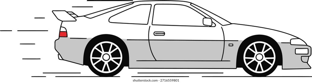 Una Ilustración vectorial dinámica de un automóvil deportivo de dos puertas blanco y gris que corre a toda velocidad sobre un fondo blanco, representada con líneas de movimiento para enfatizar el movimiento rápido.