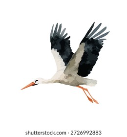 Ilustração vetorial dinâmica de uma cegonha branca em voo gracioso. Ideal para a natureza, vida selvagem ou projetos de livros infantis, simbolizando a liberdade e novos começos.