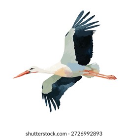 Ilustração vetorial dinâmica de uma cegonha branca em voo gracioso. Ideal para a natureza, vida selvagem ou conceitos de entrega, oferecendo um design limpo e moderno.