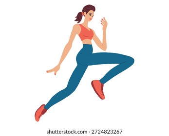 Ilustración vectorial dinámica de mujer trotando con ropa deportiva. Concepto de fitness, estilo de vida saludable, mujer deportiva, ejercicio activo, motivación para correr, ilustración de bienestar.