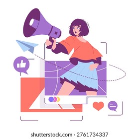 Dynamic vector illustration of a woman using a megaphone with social media icons like likes and messages. The image emphasizes communication and digital interaction.