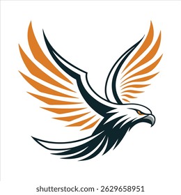 Dynamic vector image of an eagle in flight, featuring bold lines and striking orange highlights on its wings.