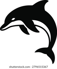 Dynamic vector logo featuring a black and white leaping dolphin with smile line and curved body, representing intelligence, playfulness, ocean freedom, marine conservation, and aquatic grace. This design signals aquariums, marine research,