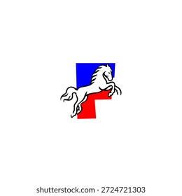 Logotipo de vetor dinâmico de um alfabeto de cavalo saltador letra F. Perfeito para marcas de esportes, logotipos equestres, equipes de corrida, identidade ativa e projetos de tipografia energética