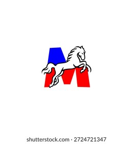 Logotipo vetorial dinâmico de uma letra M do alfabeto do cavalo saltador. Perfeito para marcas de esportes, logotipos equestres, equipes de corrida, identidade ativa e projetos de tipografia energética