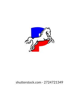 Dynamisches Vektorlogo eines Springpferd-Alphabets P Buchstabe. Perfekt für Sportmarken, Reitsport-Logos, Rennteams, aktive Identität und energiegeladene Typografiedesigns