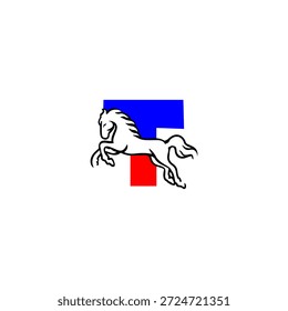 Logotipo vetorial dinâmico de uma letra T do cavalo saltador. Perfeito para marcas de esportes, logotipos equestres, equipes de corrida, identidade ativa e projetos de tipografia energética