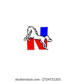 Dynamisches Vektorlogo eines springenden Pferdes Alphabet N Buchstabe. Perfekt für Sportmarken, Reitsport-Logos, Rennteams, aktive Identität und energiegeladene Typografiedesigns