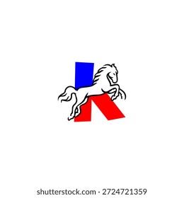 Logotipo vetorial dinâmico de uma letra K do alfabeto do cavalo saltador. Perfeito para marcas de esportes, logotipos equestres, equipes de corrida, identidade ativa e projetos de tipografia energética