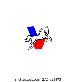 Logotipo vetorial dinâmico de uma letra V do alfabeto do cavalo saltador. Perfeito para marcas de esportes, logotipos equestres, equipes de corrida, identidade ativa e projetos de tipografia energética