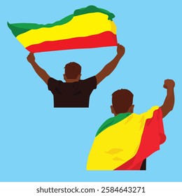 A dynamic vector of a man celebrating Black History Month in February, featuring bold colors, Afrocentric patterns, and a waving flag symbolizing pride, heritage, and empowerment.
