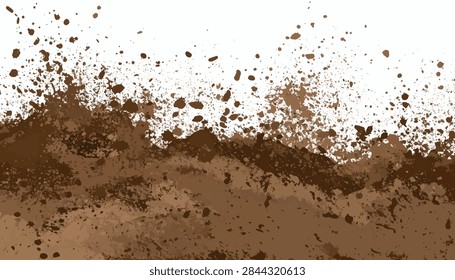 Dynamic vector mud splash texture on white, featuring messy brown and sepia tones. Grunge background, dirty backdrop, or expressive banner element for adventure, off-road, racing, or nature.
