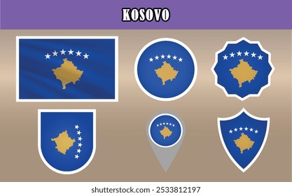 Vector dinámico de la bandera nacional de Kosovo, mostrando un campo azul audaz con seis estrellas blancas sobre un mapa dorado. Perfecto para proyectos patrióticos y culturales.