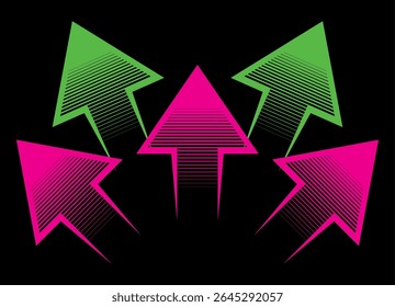 Padrão de vetor dinâmico com cinco setas coloridas em um plano de fundo preto. Elemento de projeto para navegação, indicador de direção. Fundo do vetor.