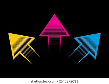 Padrão de vetor dinâmico com três setas coloridas em um plano de fundo preto. Elemento de projeto para navegação, indicador de direção. Fundo do vetor.