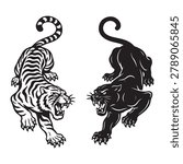 Dynamic black‑and‑white vector of roaring tiger and panther silhouettes in attack pose — perfect for logos, tattoos, and bold graphic design projects.