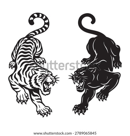 Dynamic black‑and‑white vector of roaring tiger and panther silhouettes in attack pose — perfect for logos, tattoos, and bold graphic design projects.