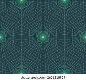 Dynamic vector seamless pattern with radial spiderweb geometry and glowing mint lines. Retro futuristic style for endless digital layouts, motion design assets. Retro futurism virtual reality concept