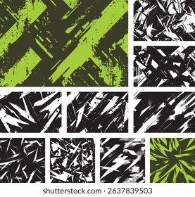 Dynamic vector set of abstract grunge textures. Featuring energetic lime green, black, and white brush strokes and chaotic lines, perfect for sports, racing, and modern, edgy graphic designs.